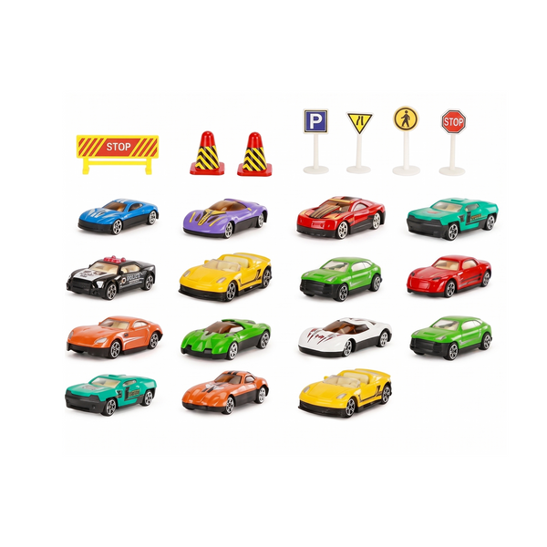 15-Piece Mini Die-Cast Racing Cars Set with Traffic Signs & Storage Tube