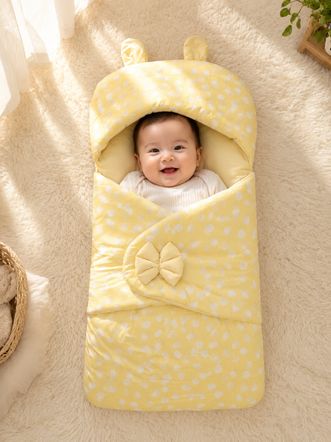 Soft Newborn Baby Carry Nest – Yellow Polka Dot with Hood Main image