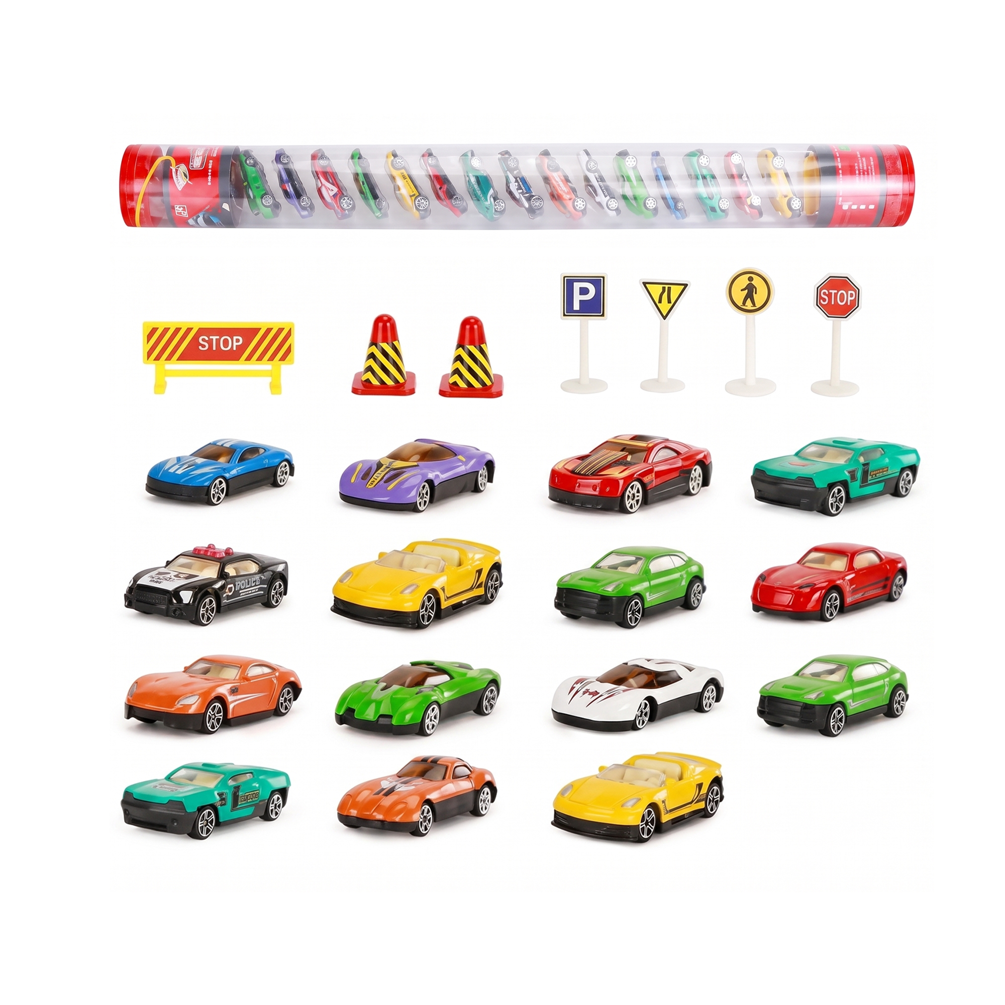 15-Piece Mini Die-Cast Racing Cars Set with Traffic Signs & Storage Tube Main image