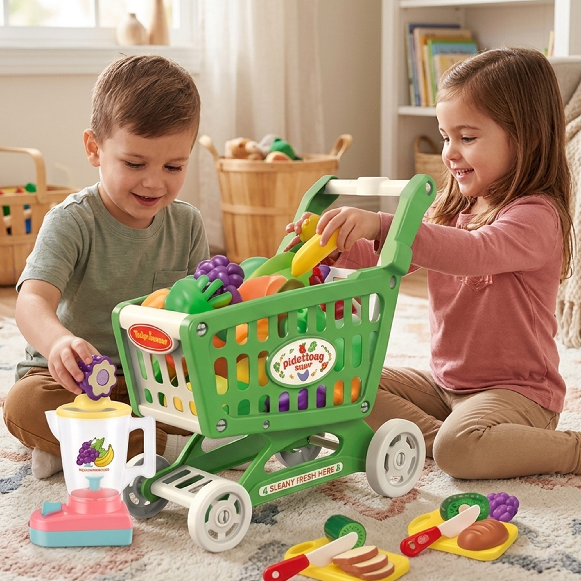 Fruit Market Shopping Cart & Cutting Fruit Play Set – 23 Pieces