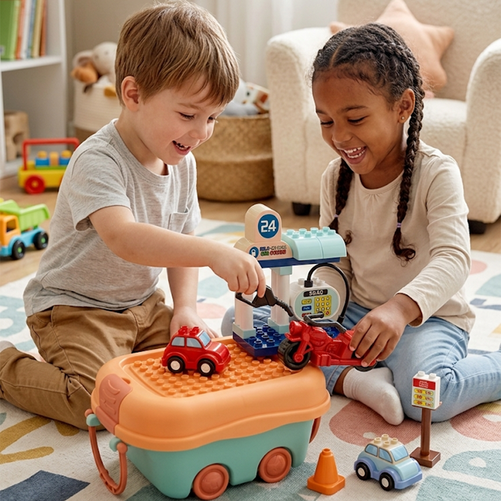 Building Block Car Gas Station Play Set – 49 Pieces