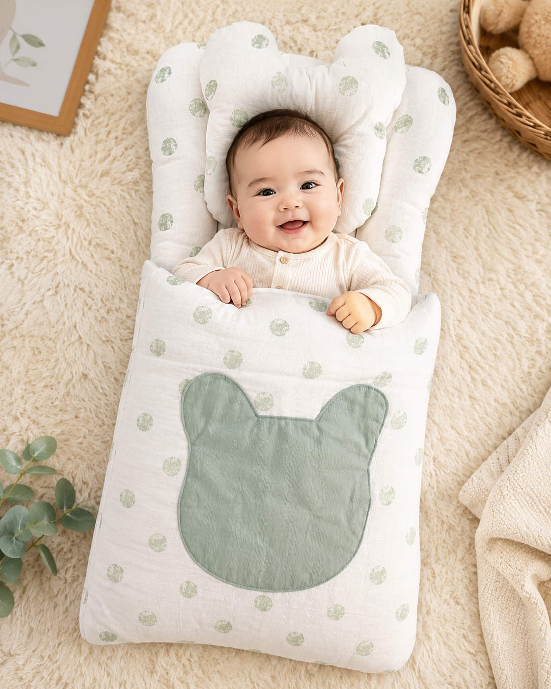 2-Piece Newborn Baby Carry Nest Set – Carry Nest & Head Pillow - Green Main image