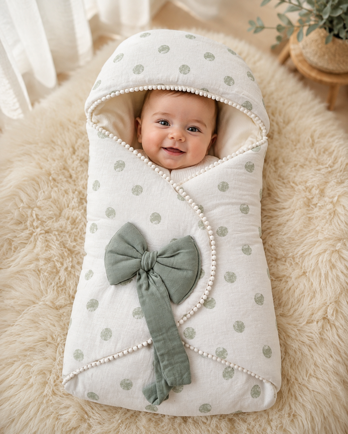 Soft Newborn Baby Swaddle Wrap – Sage Green Polka Dot Hood Main image