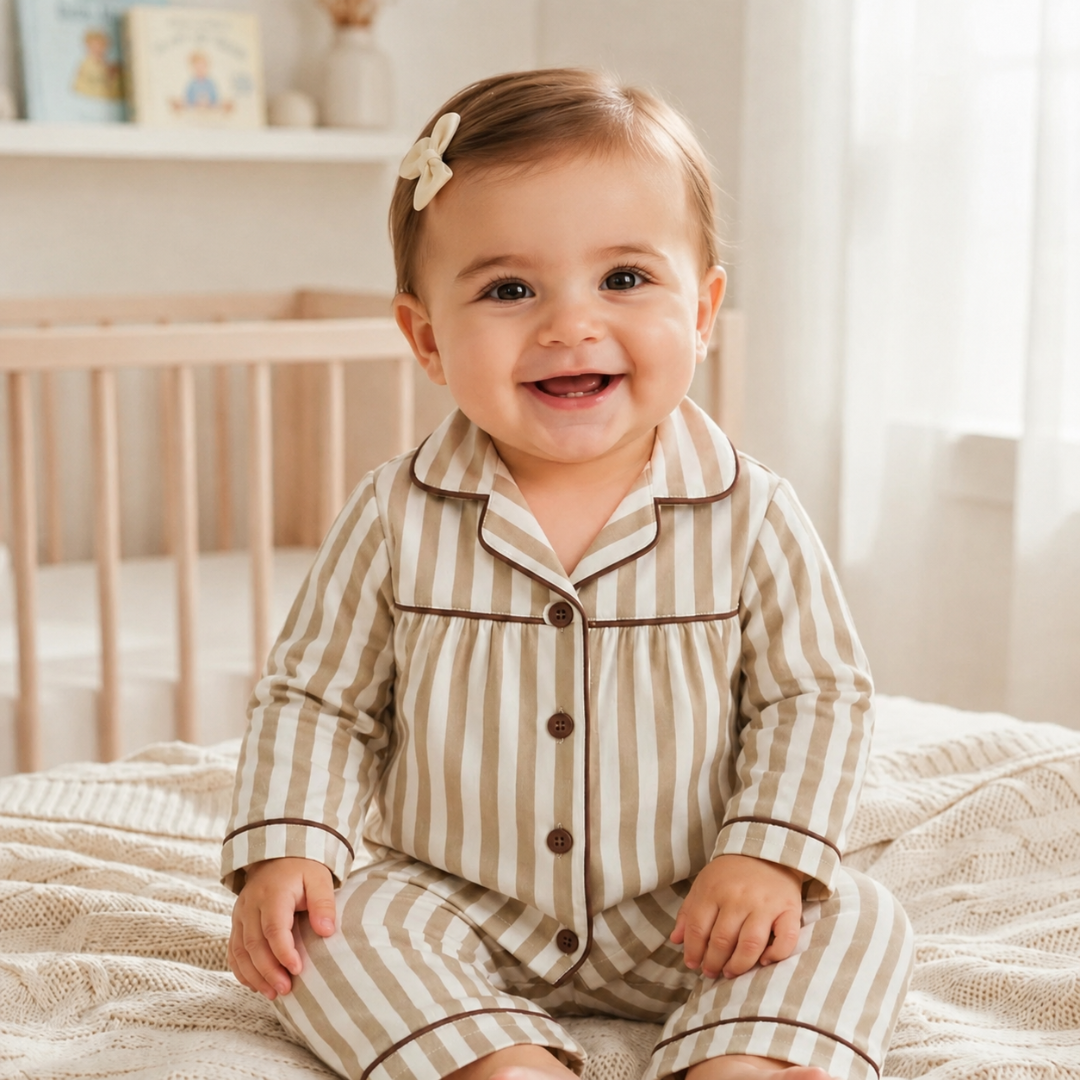 Beige Stripe 2-Piece Baby Night Suit Set Main image