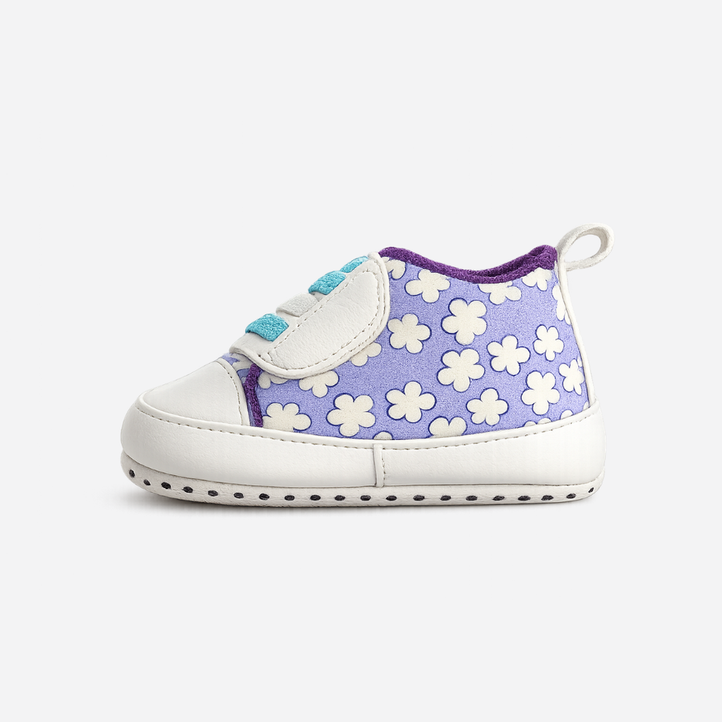Floral Wide Velcro Baby Sneakers – Purple & White