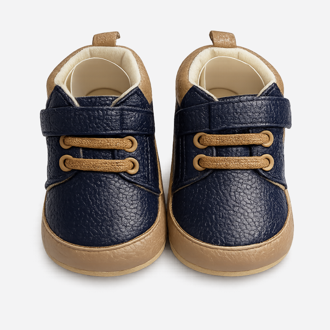 Soft Sole Velcro Baby Shoes – Navy & Tan Main image