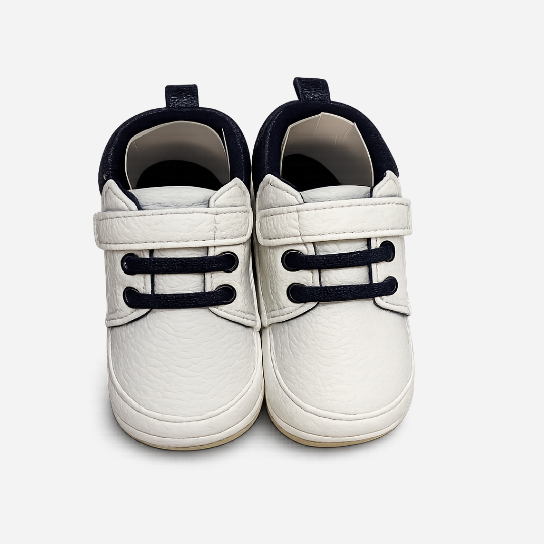Soft Sole Velcro Baby Shoes – White & Navy Main image