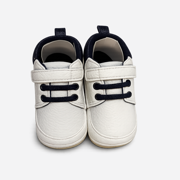 Soft Sole Velcro Baby Shoes – White & Navy