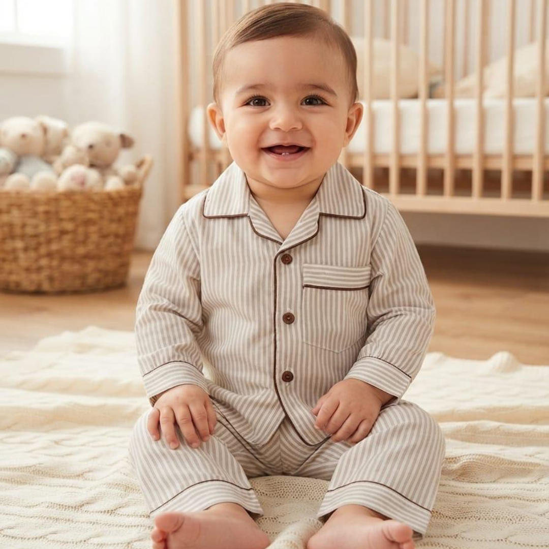 Beige Stripe 2-Piece Baby Night Suit Set Main image