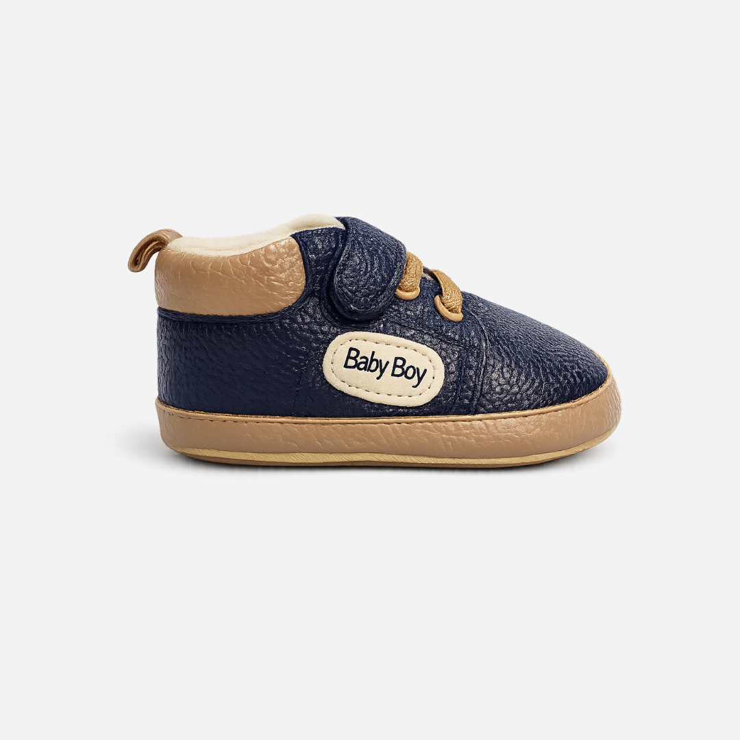 Soft Sole Velcro Baby Shoes – Navy & Tan Secondary image