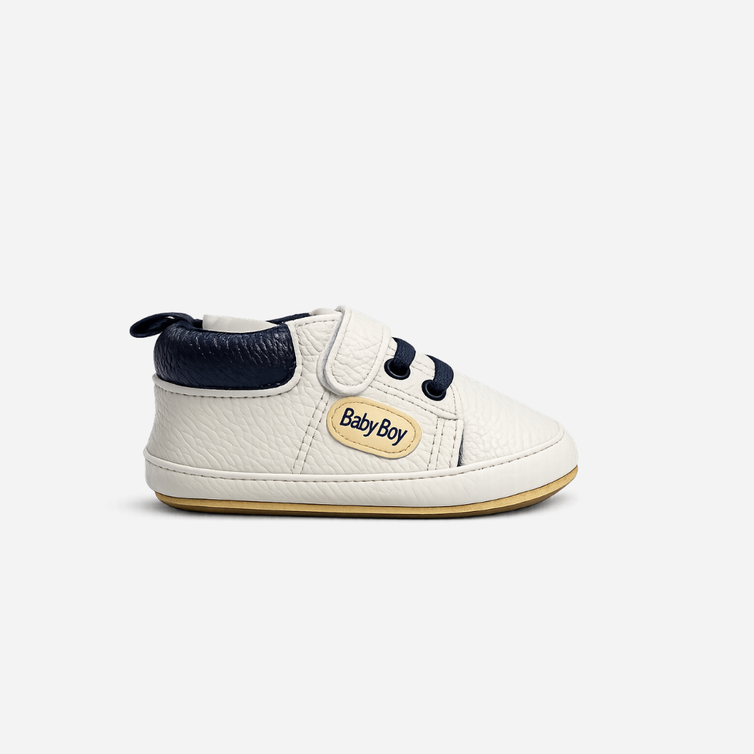 Soft Sole Velcro Baby Shoes – White & Navy Secondary image