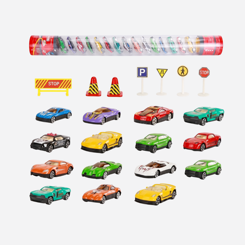 15-Piece Mini Die-Cast Racing Cars Set with Traffic Signs & Storage Tube