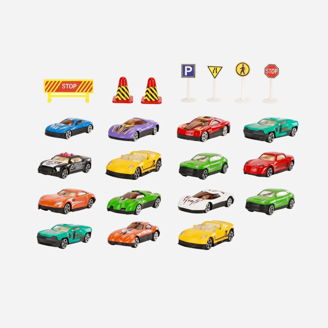 15-Piece Mini Die-Cast Racing Cars Set with Traffic Signs & Storage Tube