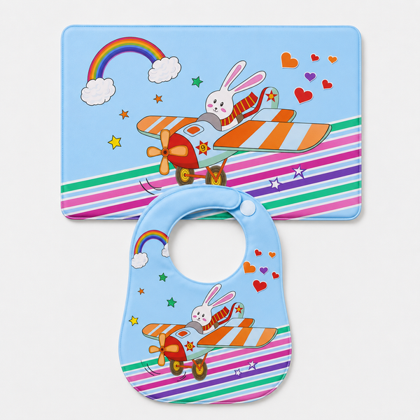 2-Piece Baby Bib & Sheet Set – Rainbow Airplane Bunny Print
