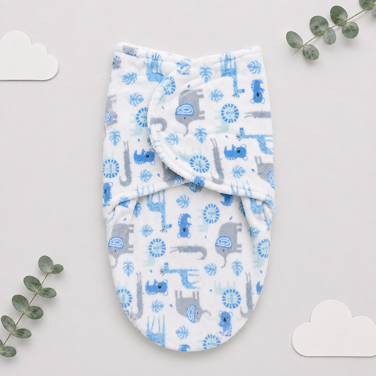 Soft Newborn Baby Swaddle Wrap – Blue Jungle Animals Print