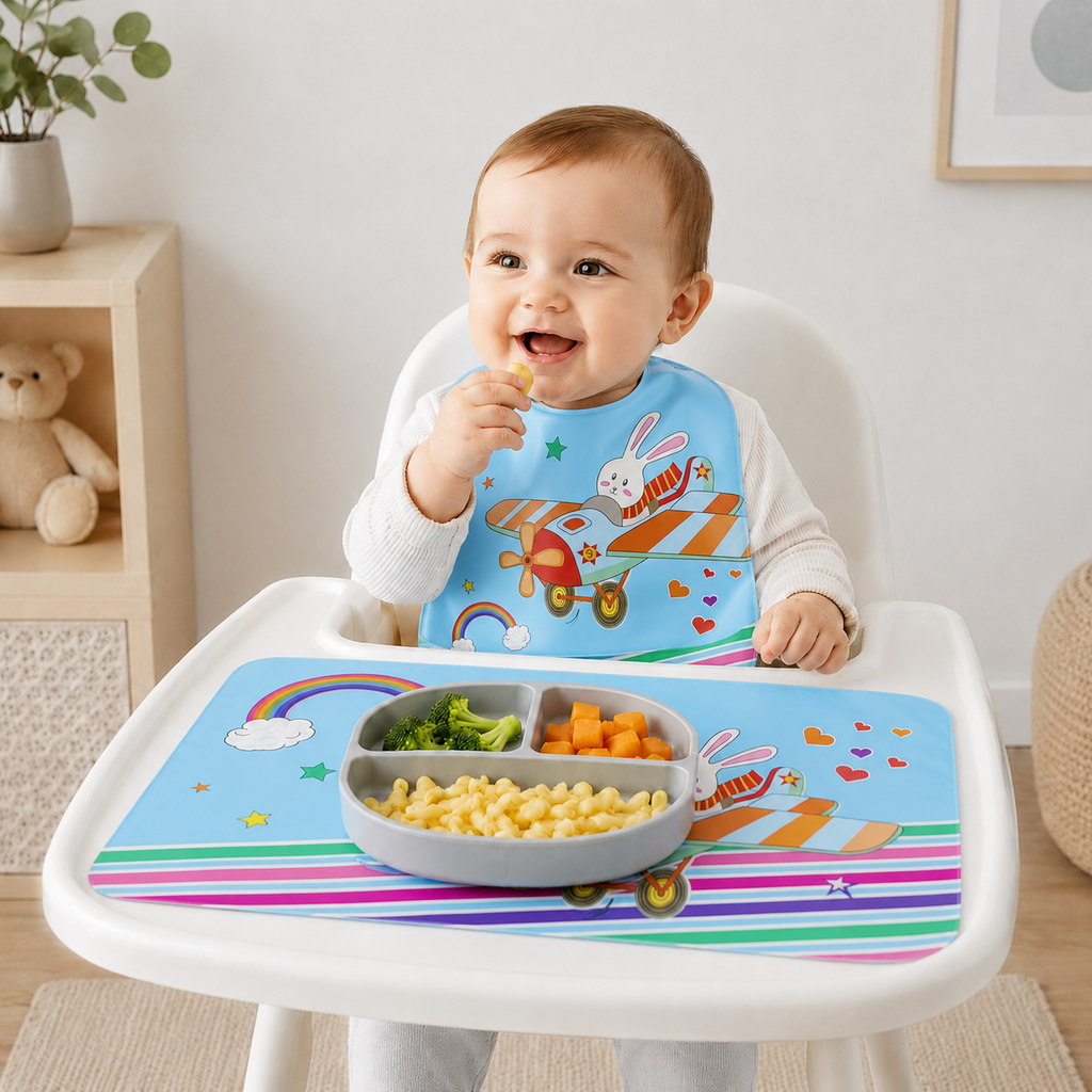 2-Piece Baby Bib & Sheet Set – Rainbow Airplane Bunny Print