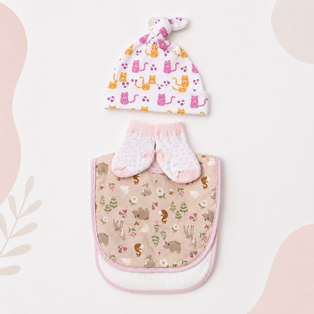 3-Piece Pink Woodland Animals Newborn Baby Gift Set – Hat, Socks & Bib Main image