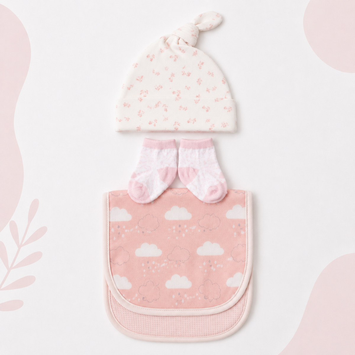 3-Piece Pink Cloud Newborn Baby Gift Set – Hat, Socks & Bib