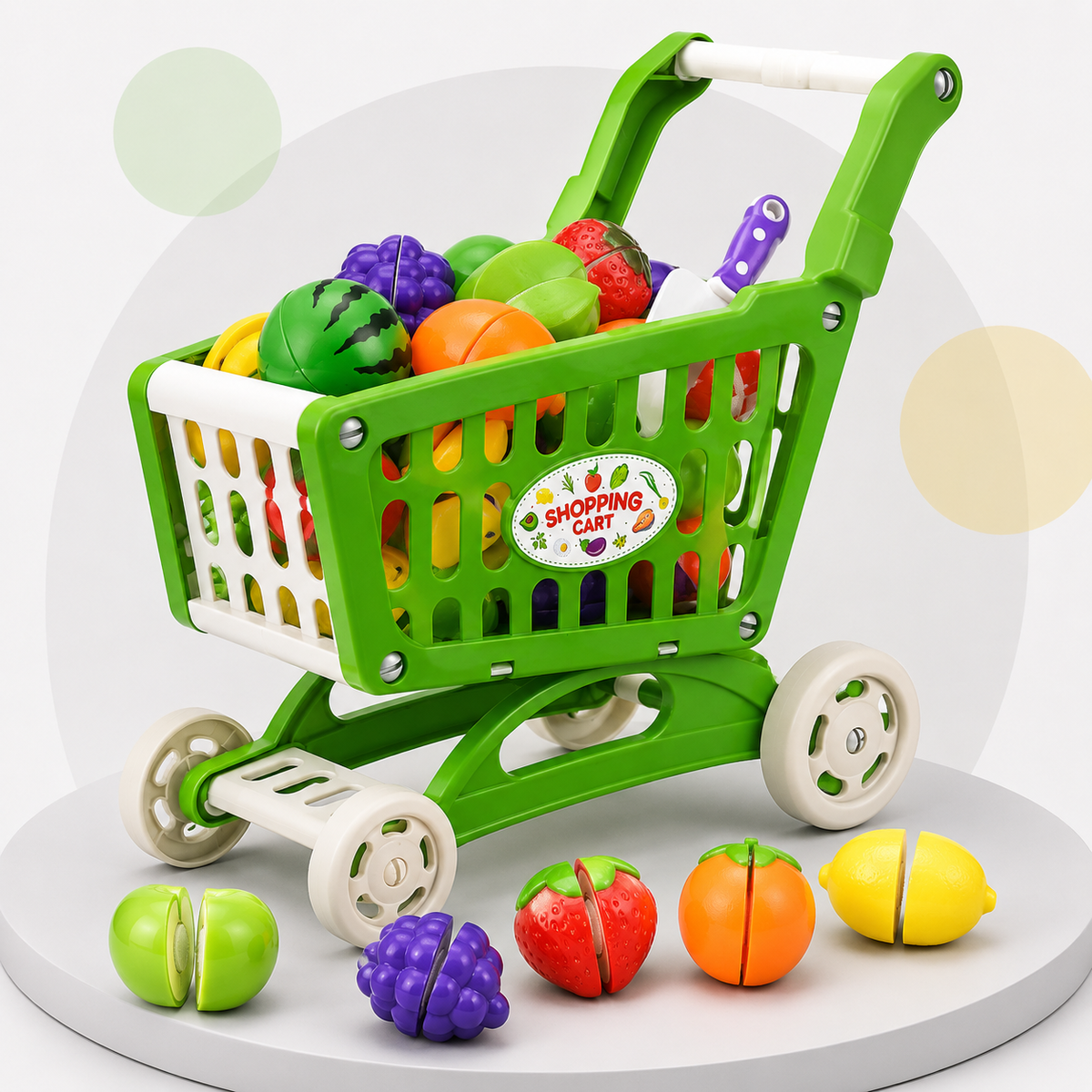 Fruit Market Shopping Cart & Cutting Fruit Play Set – 23 Pieces