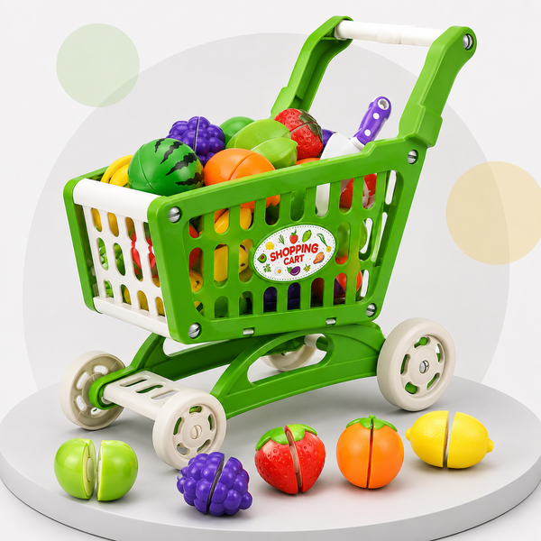 Fruit Market Shopping Cart & Cutting Fruit Play Set – 23 Pieces