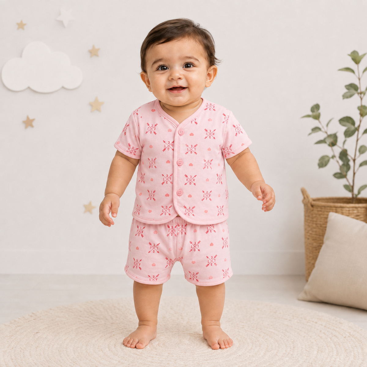2-Piece Unisex Infant Baby Shirt & Shorts Set – Love & Hearts Print