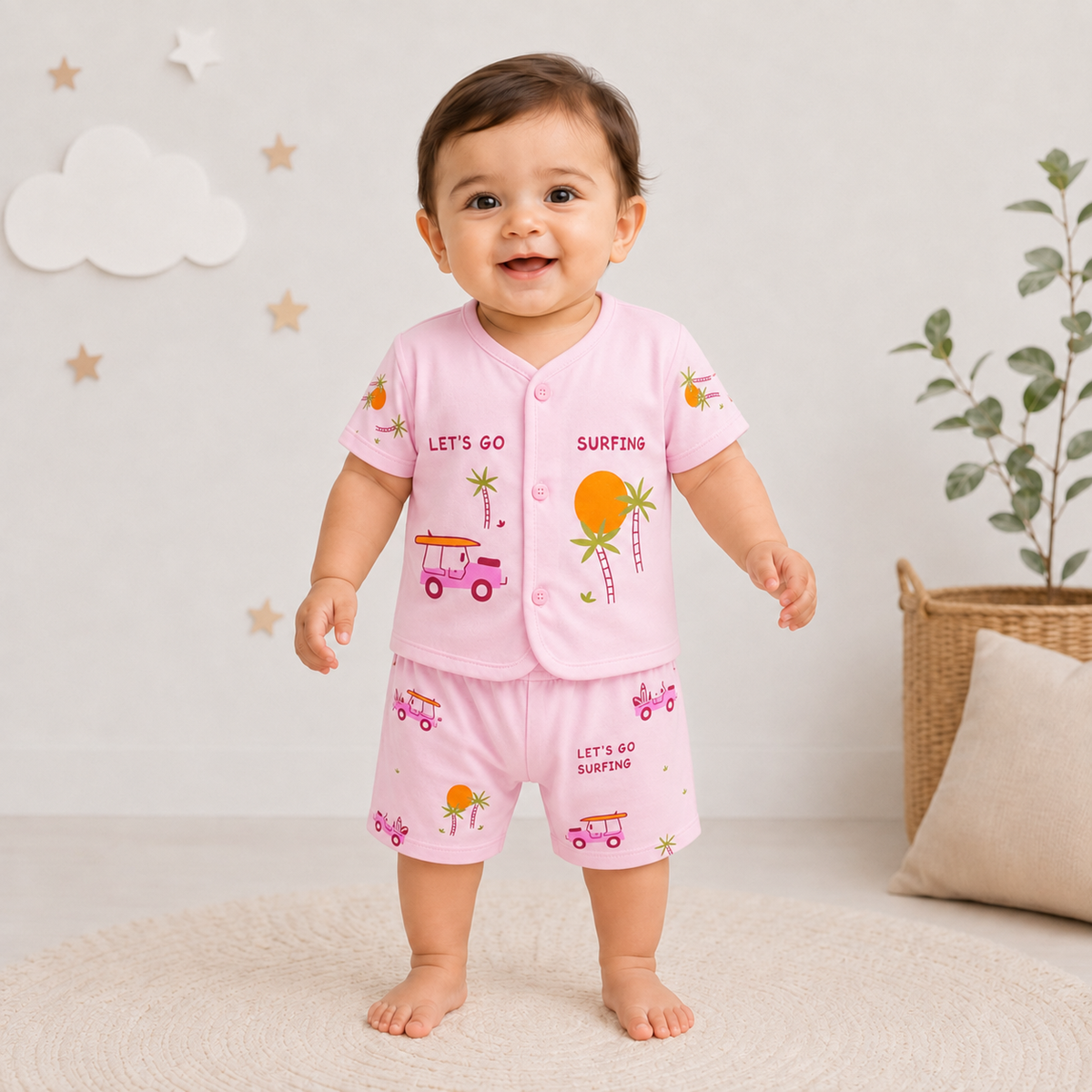 2-Piece Unisex Infant Baby Shirt & Shorts Set – Surfing Palm Print