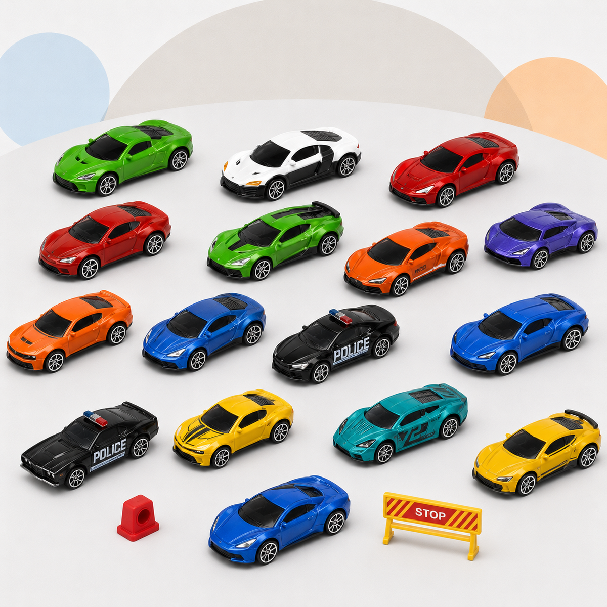 15-Piece Mini Die-Cast Racing Cars Set with Traffic Signs & Storage Tube