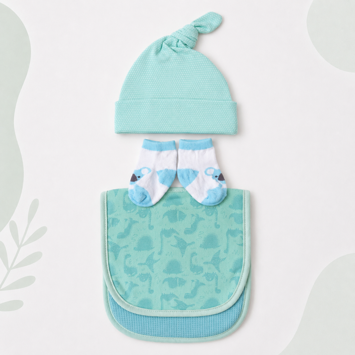 3-Piece Mint Dinosaur Newborn Baby Gift Set – Hat, Socks & Bib Main image
