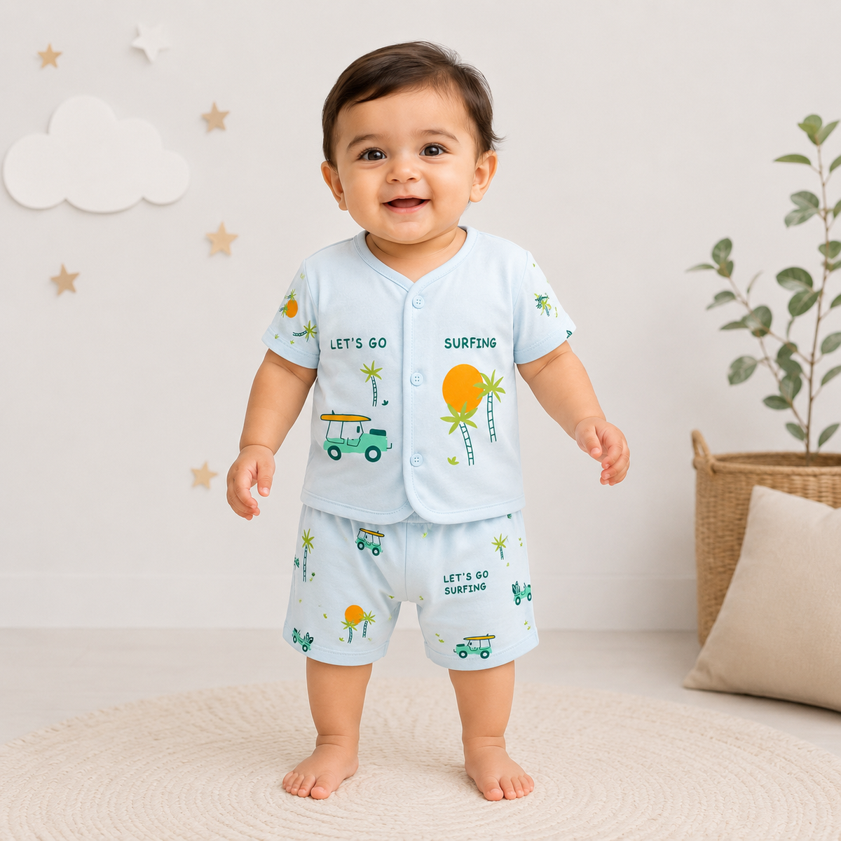 2-Piece Unisex Infant Baby Shirt & Shorts Set – Surfing Palm Print
