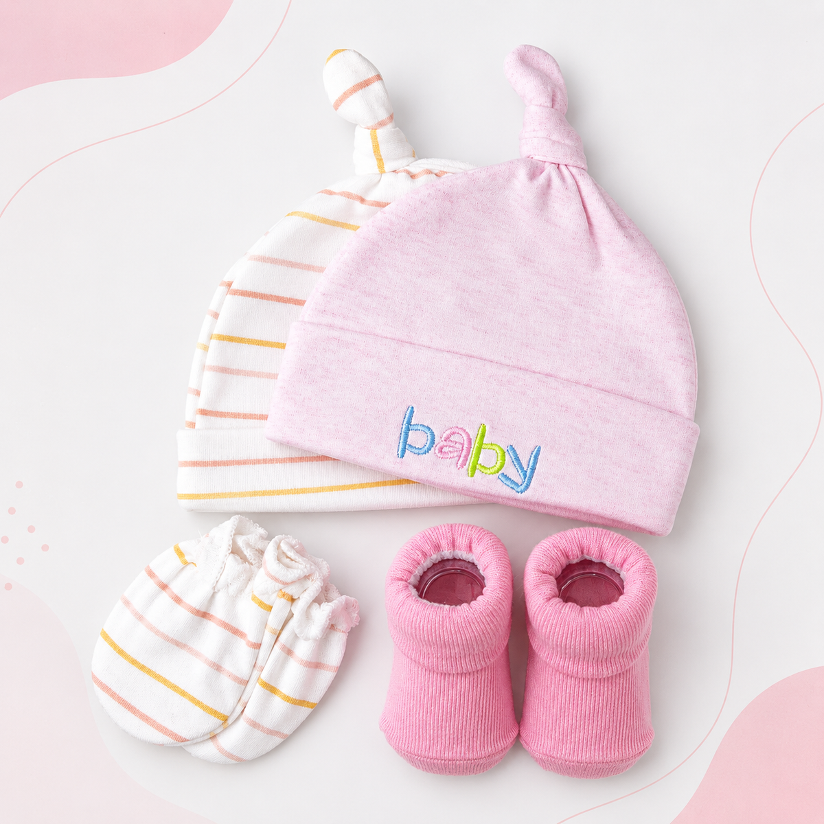 Newborn Baby 4-Piece Essentials Set – 2 Hats, Mittens & Soft Booties