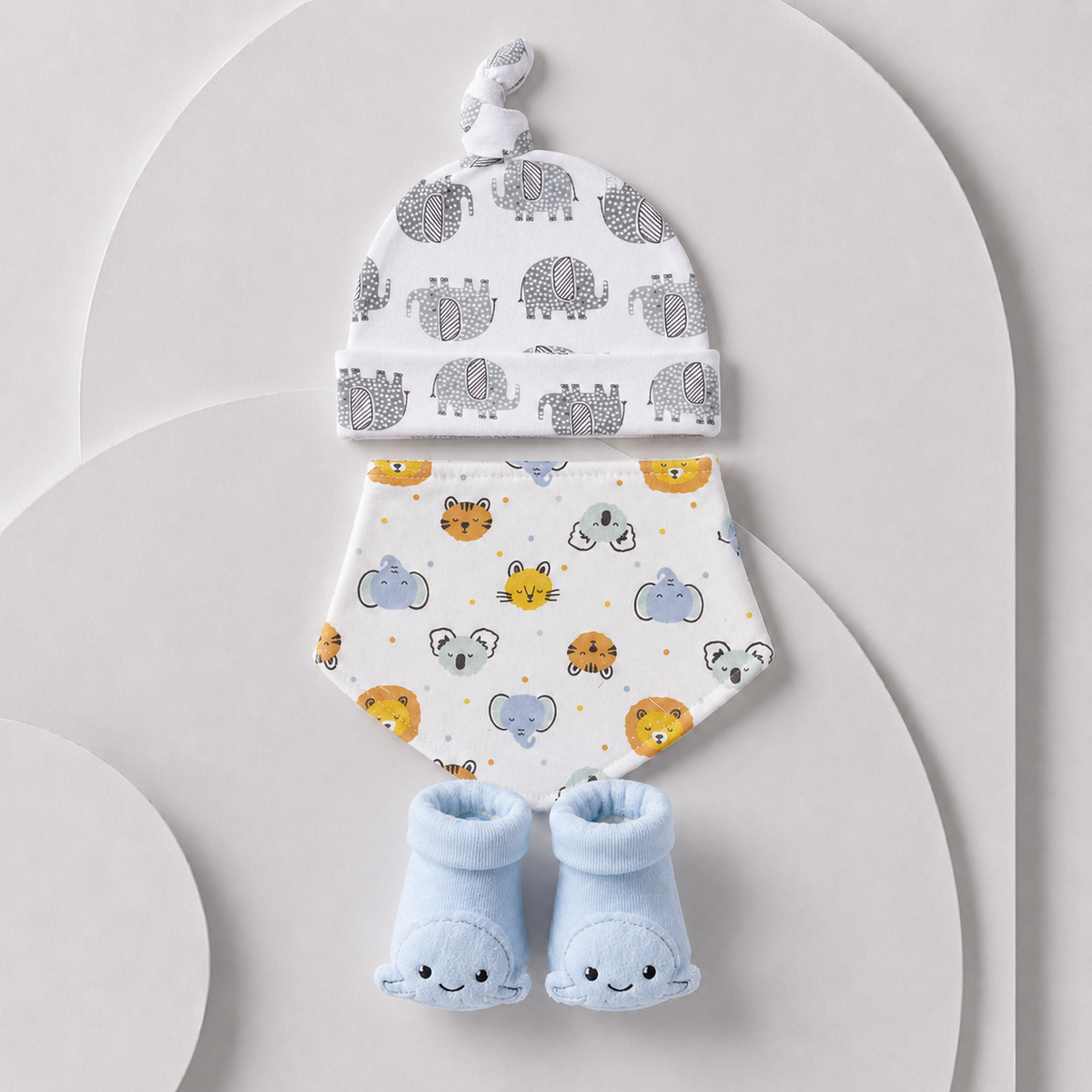 Baby 3-Piece Hat, Bib & Booties Gift Set – Elephant and Whale Main image