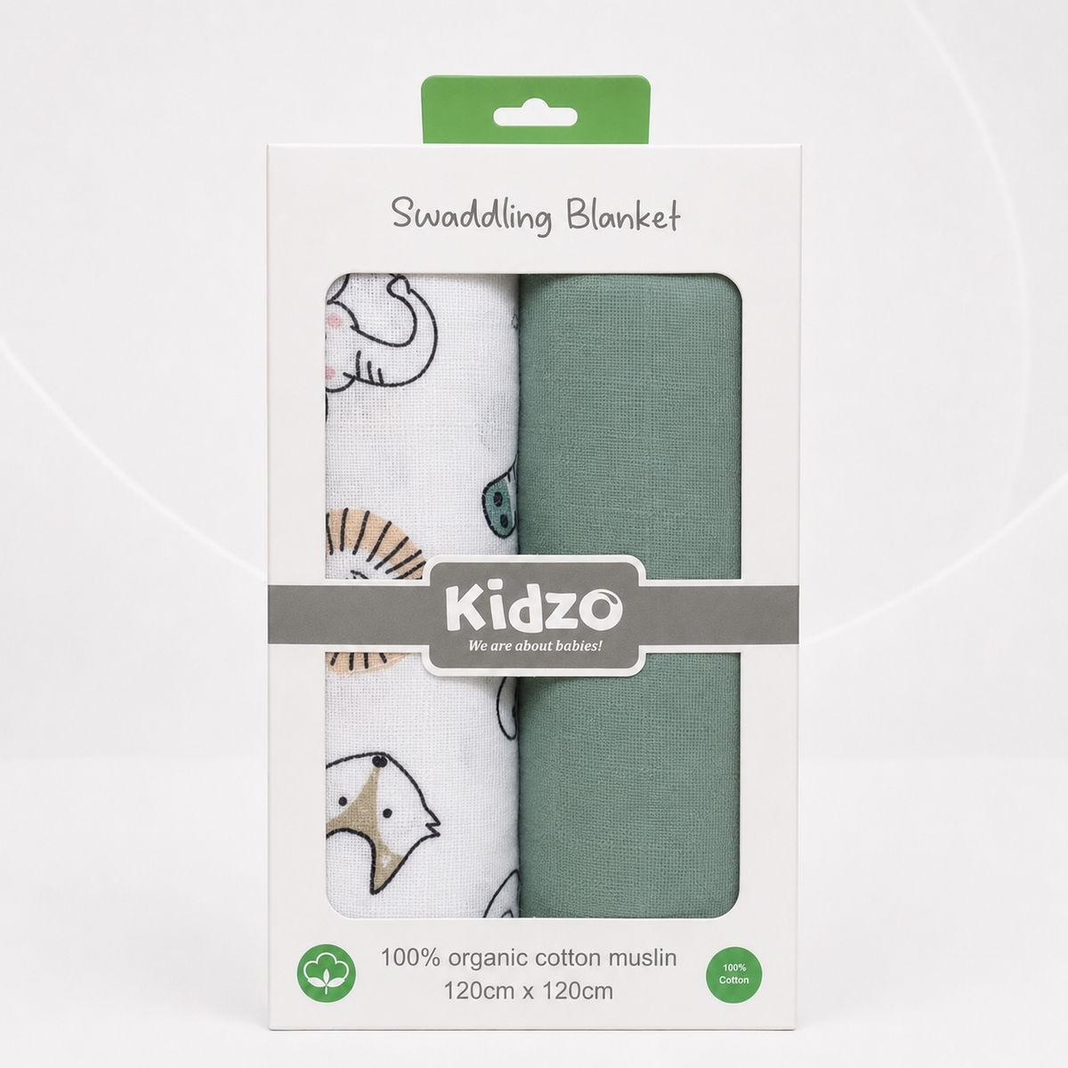 Sage Green Safari Print Muslin Baby Swaddle Blanket – 2-Piece