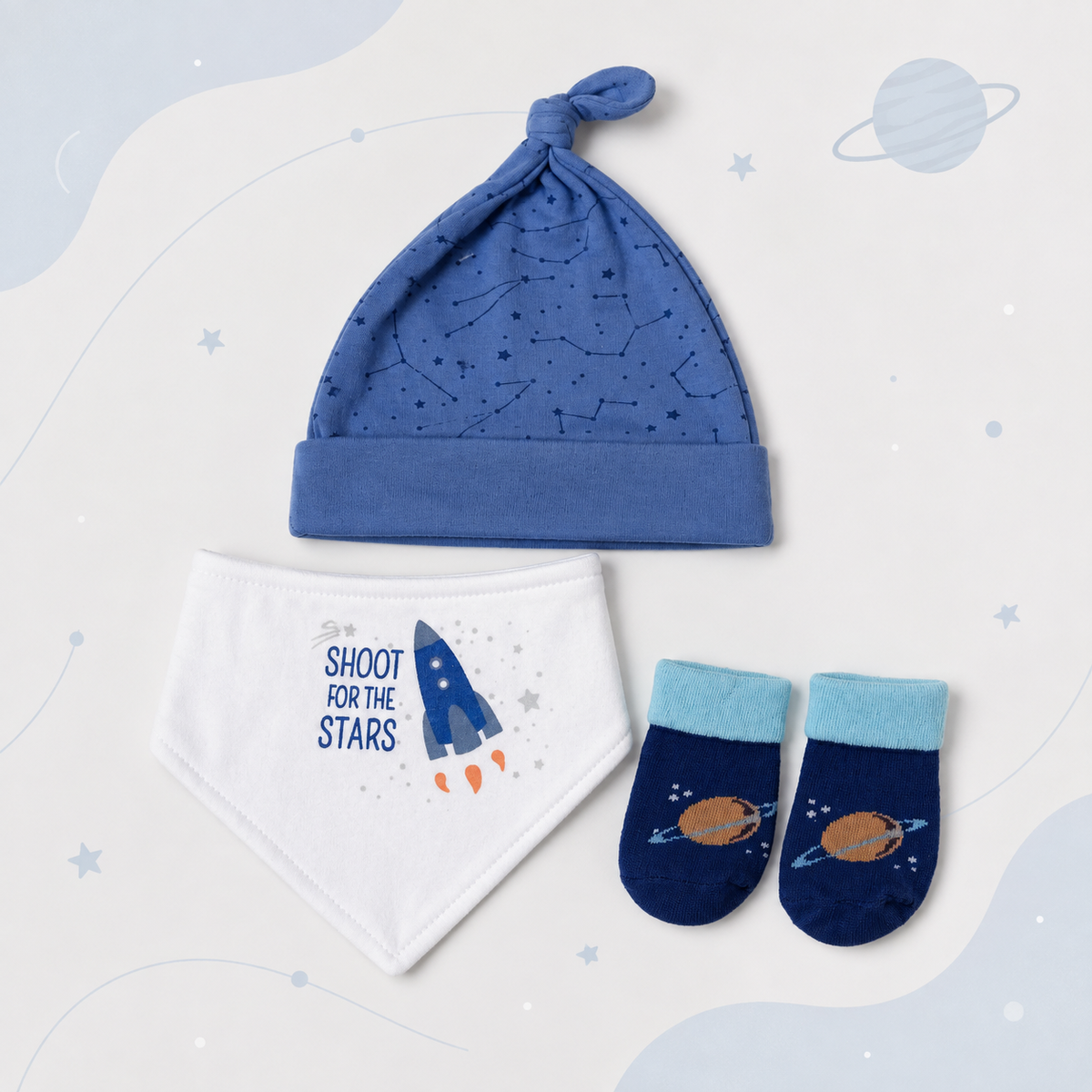 3-Piece Hat, Socks & Bib Newborn Baby Gift Set – Shoot For The Star Main image